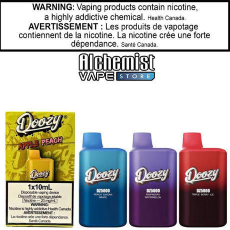 Doozy DZ5000 disposable vape devices in various flavors, featuring Health Canada nicotine warning.