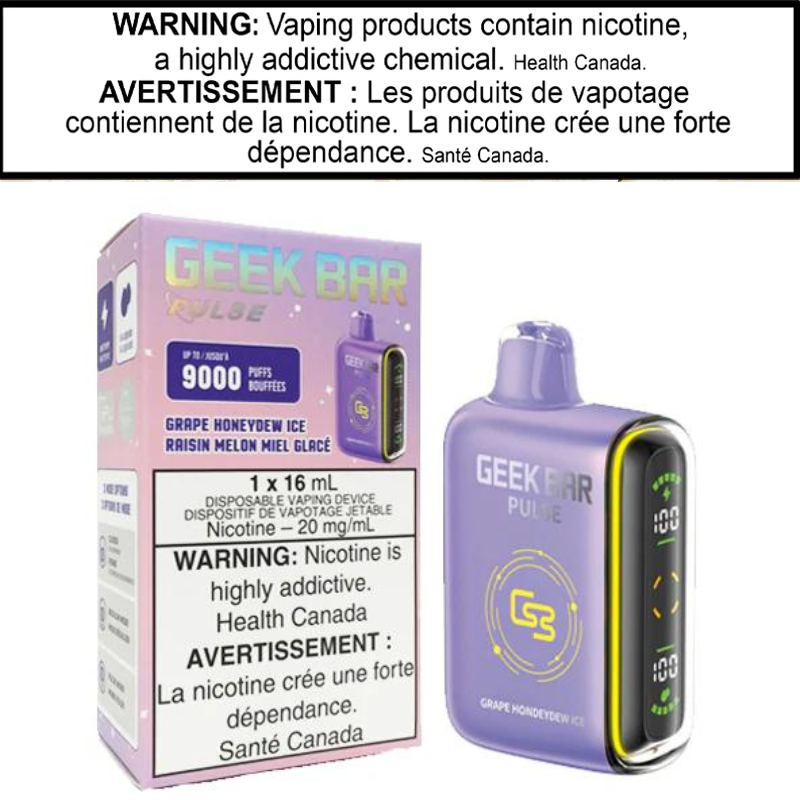 GEEK BAR PULSE 9000 Puffs disposable vape with adjustable airflow, Boost Mode, dual mesh coils, and Grape Honeydew Ice flavor.