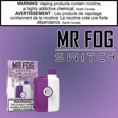 Mr. Fog Switch Magic Cotton Grape Ice disposable vape, 5500 puffs, USB-C rechargeable, adjustable airflow, with more flavors available.