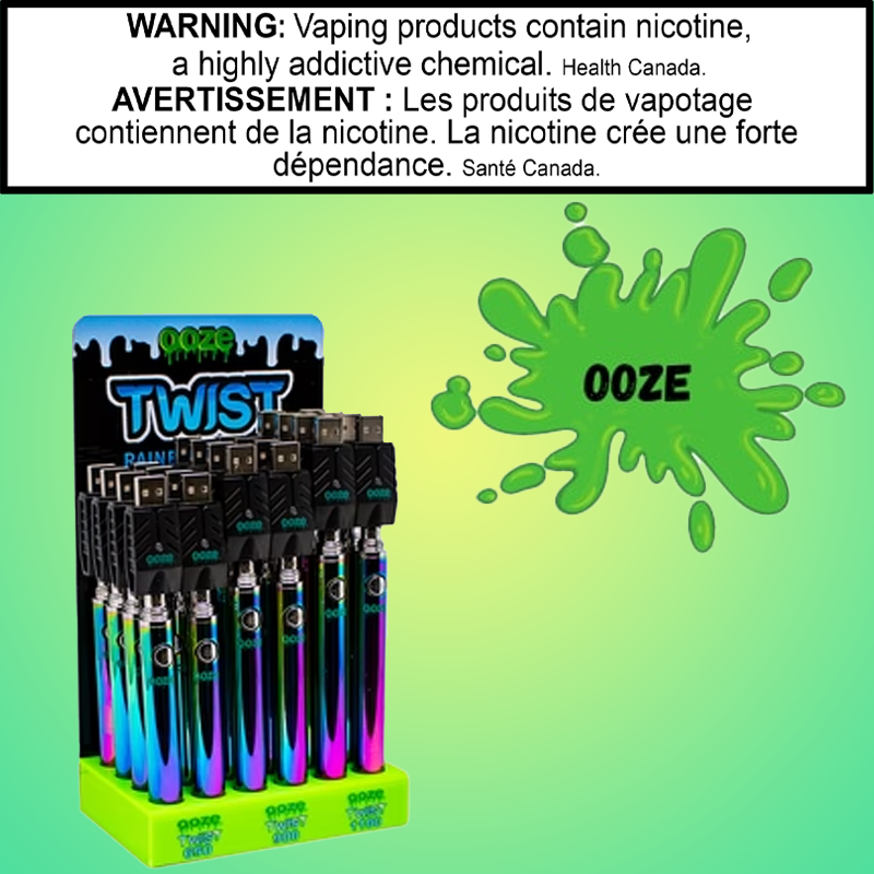 Ooze Twist 510 Battery Rainbow Edition in 650mAh, 900mAh, and 1100mAh capacities, featuring variable voltage and preheat function, compatible with 510-thread cartridges.